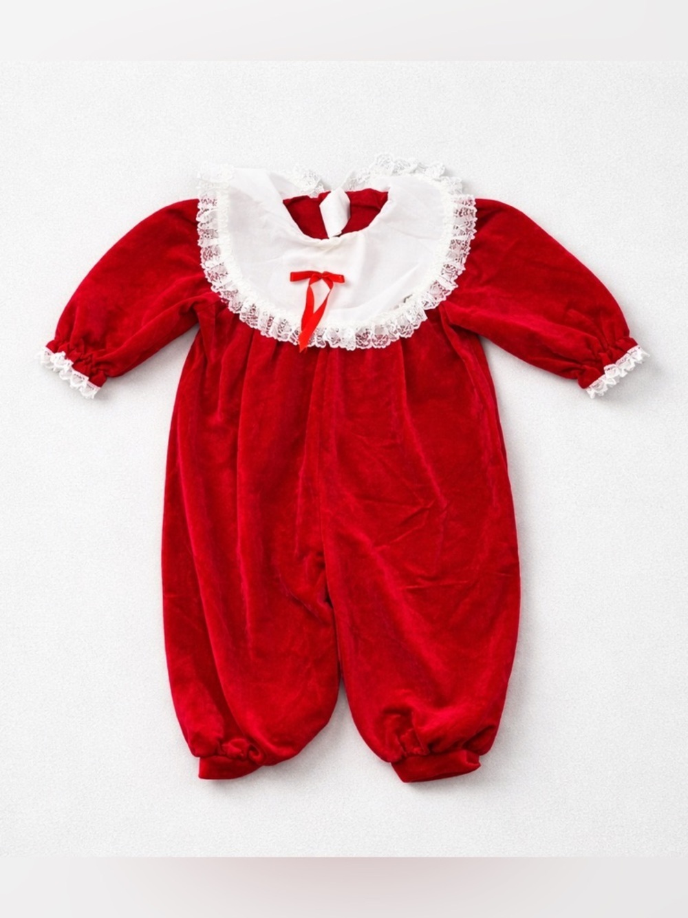 Vintage Sears Red Velvet Baby One-Piece with White Lace Collar | Christmas